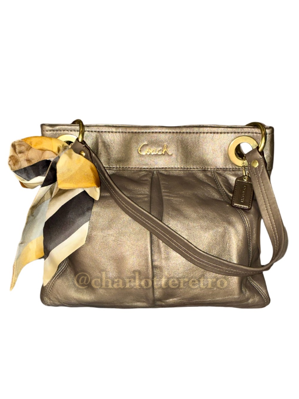 2012 Coach ASHLEY Gold Leather Hippie Bag w Silk Scarf Tie F17605